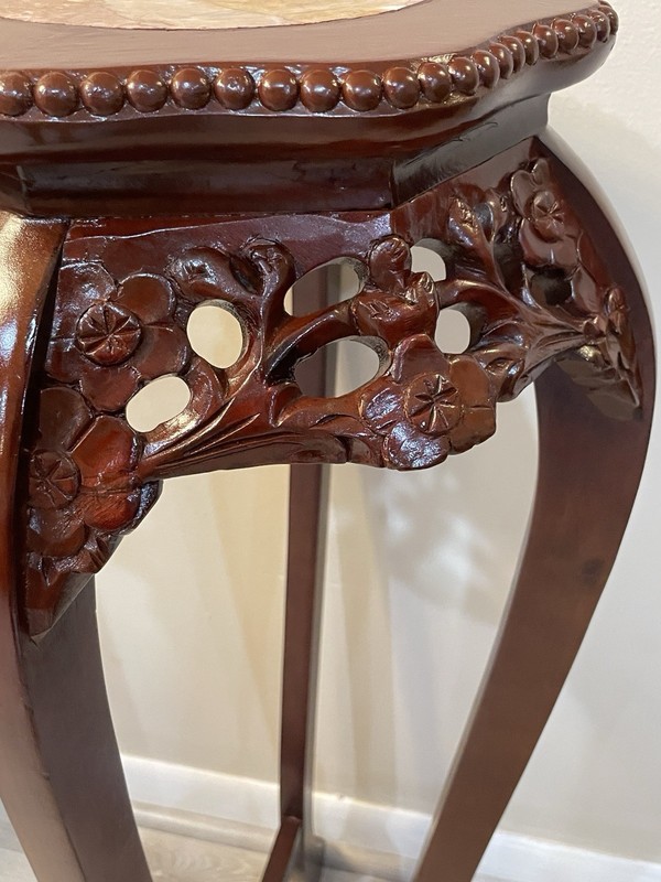 VTG Mid Century Chinoiserie Carved Wood Marble Top Plant Stand Pedestal Table gallery