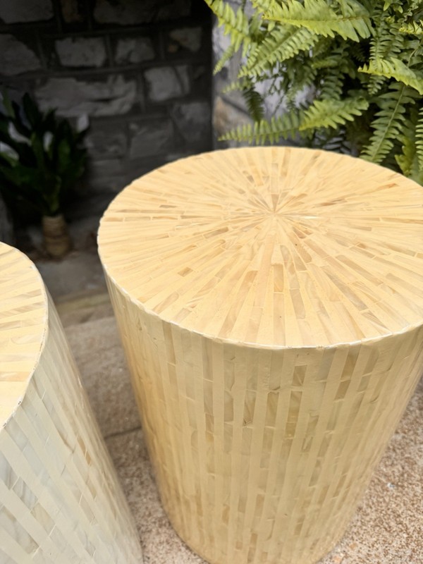 Pair Enrique Garcel Style Tessellated Mother Of Pearl Drum Side Tables gallery