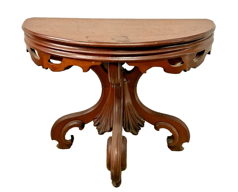 Antique victorian rococo console table demi lune walnut 1870 carved diminutive