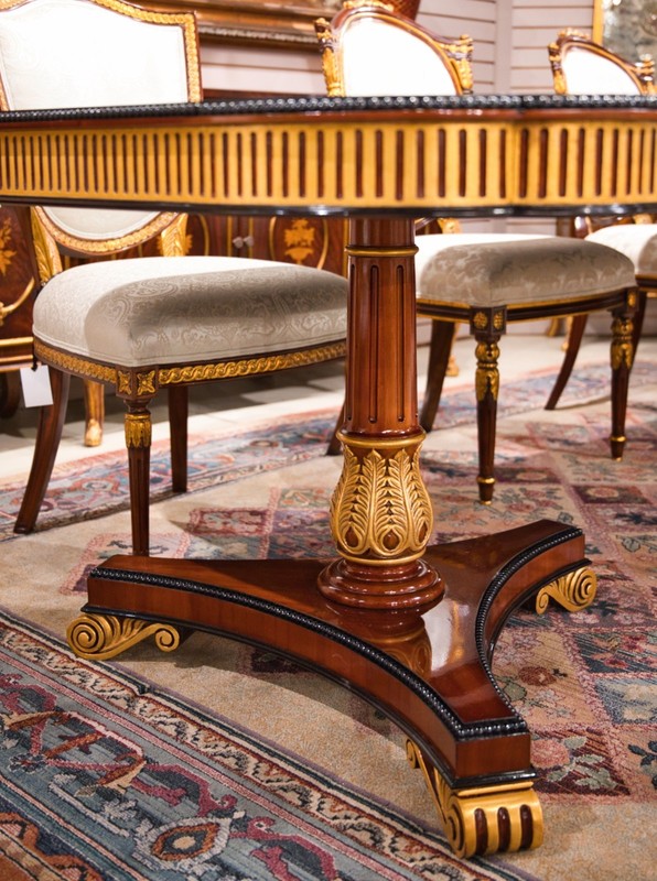 10' Heavy traditional flamed mahogany 2 pedestal formal dining table gold accent gallery
