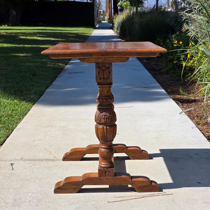 Antique Refectory Trestle Table Tiger Oak 1920s Jacobean Carved Small Desk 24"H gallery