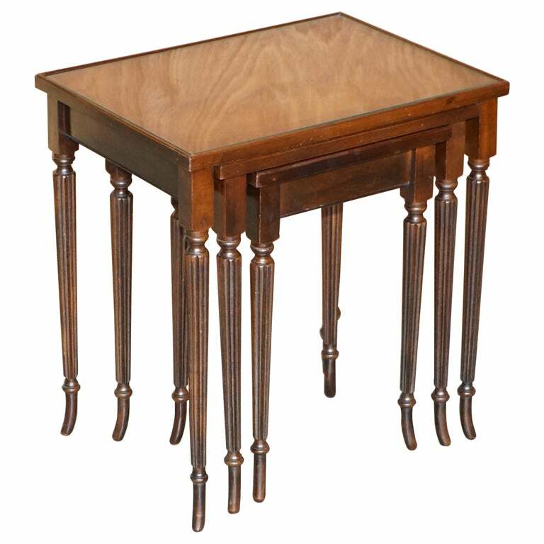 VINTAGE NEST OF THREE FLAMED MAHOGANY WITH GLASS TOPS TABLES IDEAL AS SIDE END