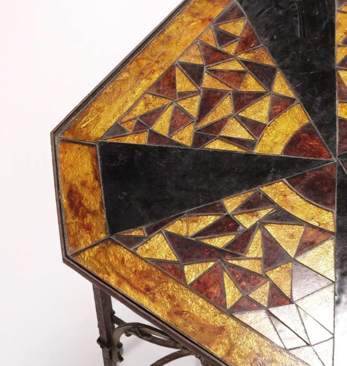 OSCAR BACH INSPIRED ANTIQUE WROUGHT IRON & GILT TABLE WITH MOSAIC GLASS TOP gallery