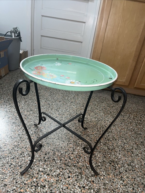 Vintage Hand Painted Porcelain Coated Tole Tray on Folding Wrought Iron Stand gallery