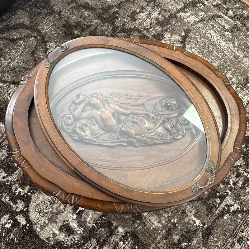 Antique Coffee Table CARVED Cherubs with Removable Glass Tray. Walnut. #722 gallery
