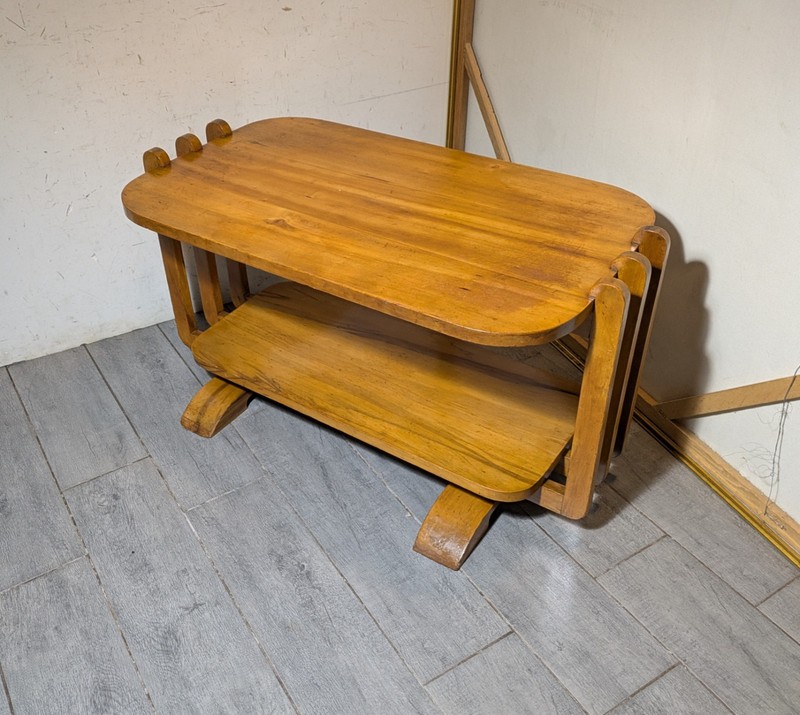 Antique 1930s Art Deco Streamline Moderne Waterfall Blonde Wood Coffee Table B33 gallery