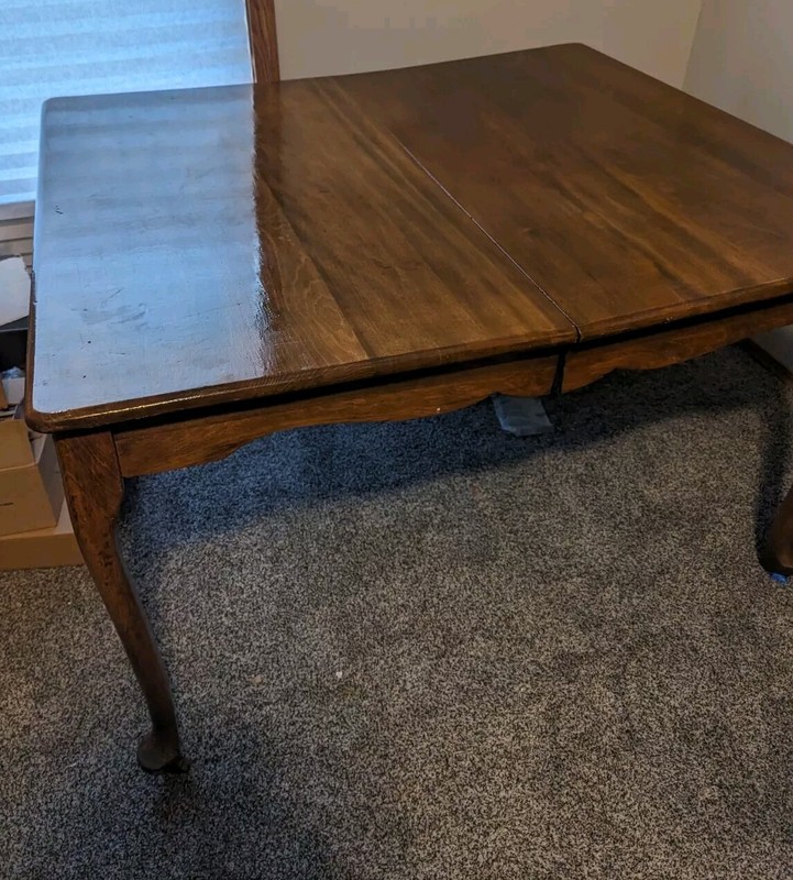 Vtg Solid Wood Dining Room Table -Med Dark Finish-Cabriole Legs-Wood Roller Feet gallery
