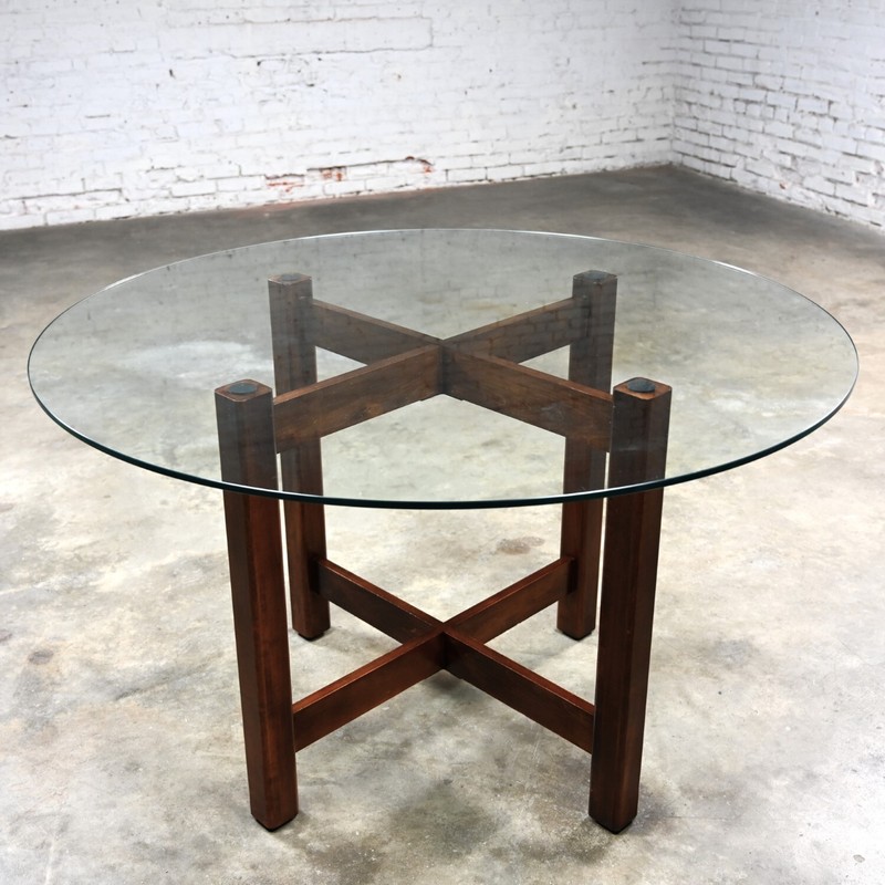 Late 20th Century Modern Walnut X-Base Dining Room Table Round Tempered Glass gallery