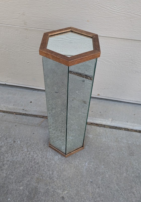 Vintage 31" Mid Century Modern Mirrored Hexagon Pedestal Plant Stand Table Wood gallery