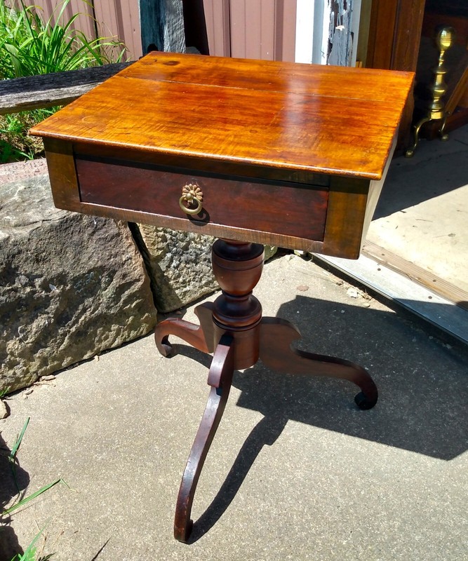 Antique Maple One Drawer Stand w 3 Splayed Scrolled Legs New England Style 1800s gallery