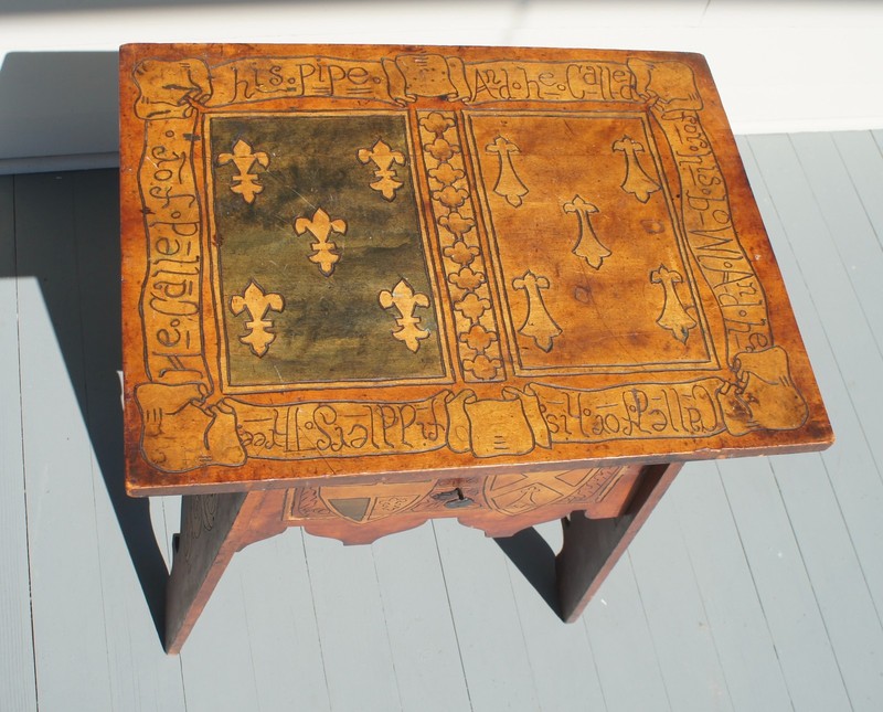 RARE ARTS & CRAFTS/ TUDOR REVIVAL SIGNED PYROGRAPHY TABLE W/ EXTENSIVE ORNAMENT gallery