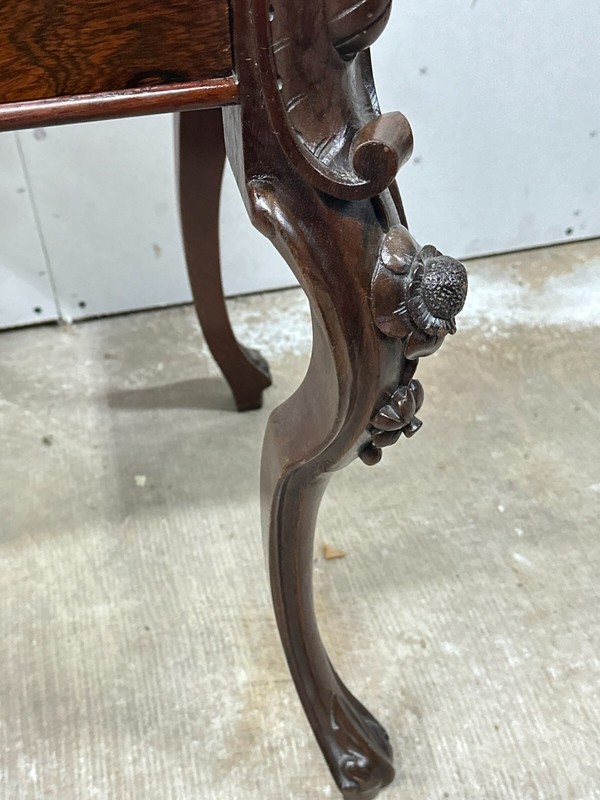 antique rosewood sewing work table rococo victorian carved birdseye interior gallery