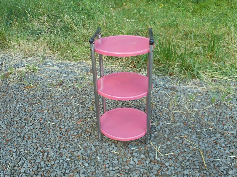 Mid Century Modern Pink & Chrome Serving Bar Cart Trolley 3 Tier Round Trays gallery