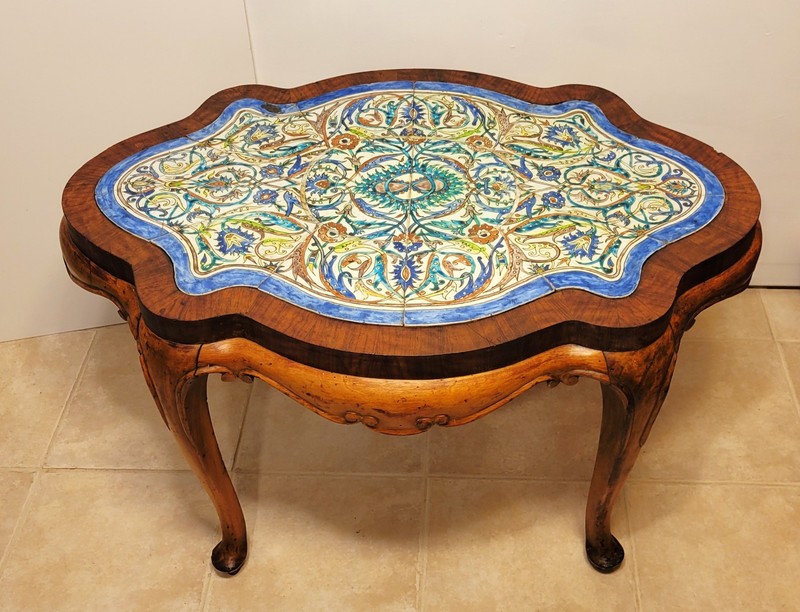 Antique Kutahya Iznik Style Tile Panel Coffee Table Ottoman Armenian Polychrome