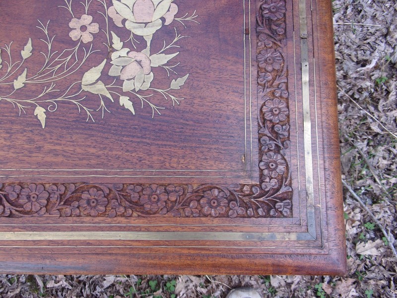 VINTAGE EARLY 20th CENTURY BRASS INLAID CARVED WOOD COFFEE TABLE gallery