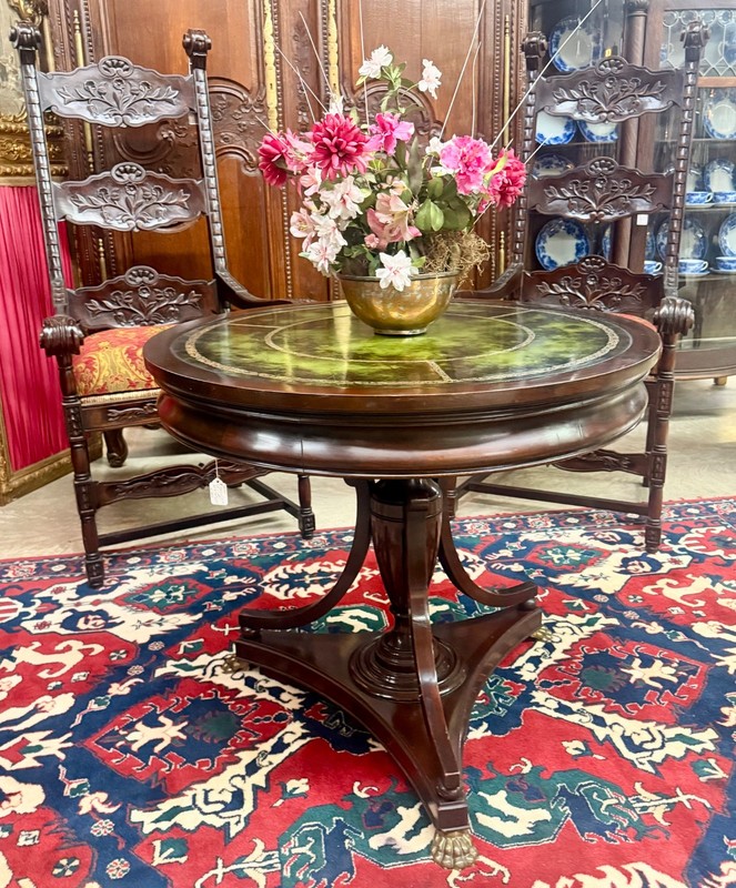 Antique Regency Mahogany Round Pedestal Table with Green Leather Top Bronze Feet