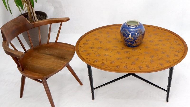 Oval Kittinger Coffee Table Faux Bamboo Tapered Legs Incised Leafs Design on Top gallery
