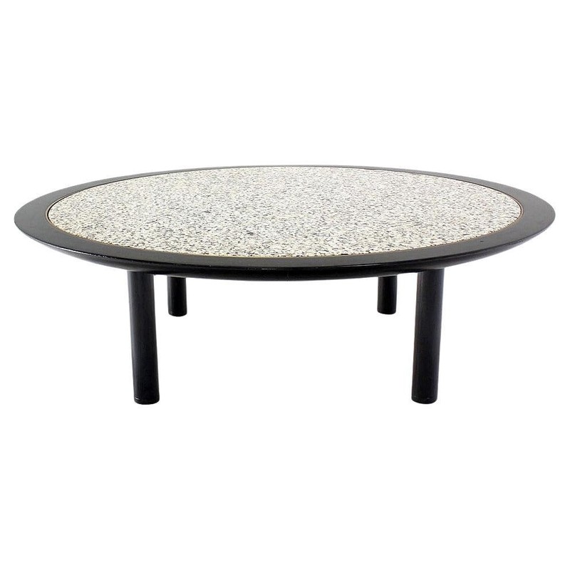 Mid Century Modern 48 Inches Round Granite Top Black Lacquer Coffee Table Baker