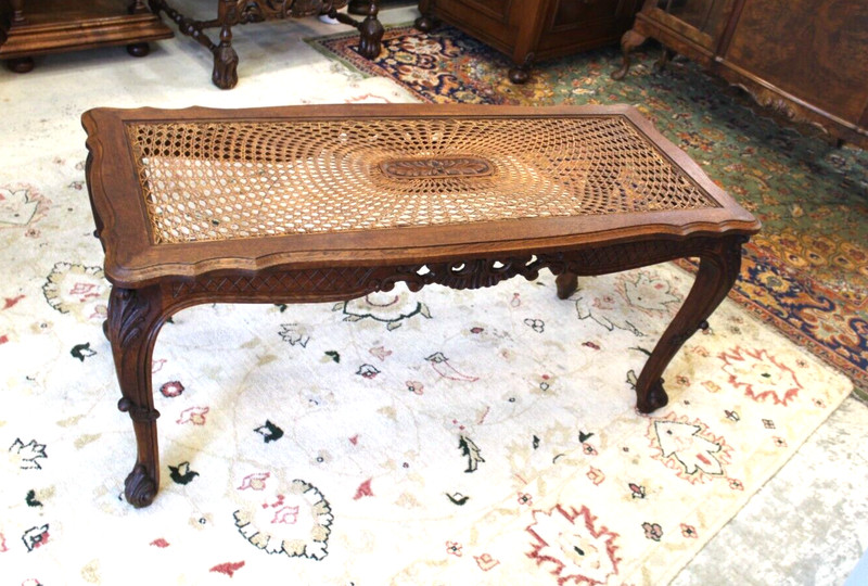 French Antique Oak Louis XV Coffee Table | Carved Frame & Glass Top Inset gallery