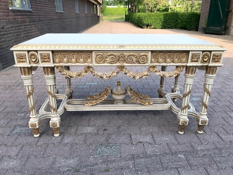 Center Table French Louis XVI Cream Gold Hand Carved Vintage Decor