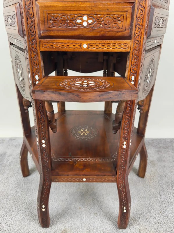 Vintage Syrian Hexagonal Walnut Hand -Carved Center of End Table gallery