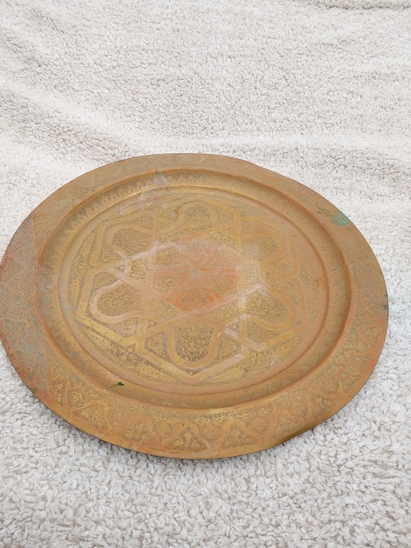 Vntg Old Middle Eastern Inlayed Wood & 20" Engraved Brass Tray Top Folding Table gallery