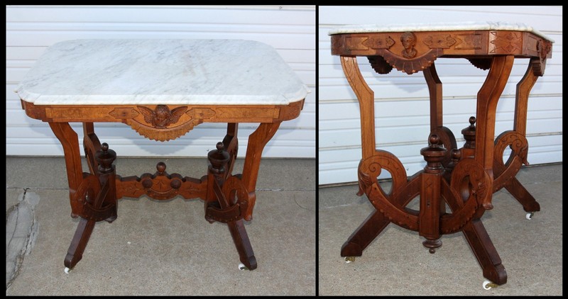 1800’s Victorian Burled Walnut Marble Top Cherub Arched Accent Parlor Lamp Table