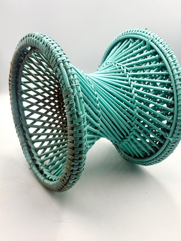 Vtg Turquoise Table Plant Stand Ottoman Stool Cane Rattan Wicker Woven Boho gallery