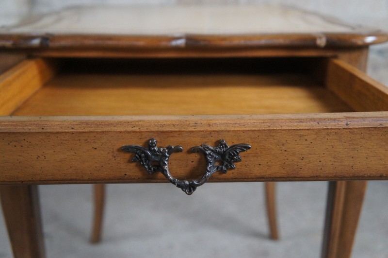 2 French Provincial Walnut Tooled Leather Serpentine Side Accent Tables 24" gallery