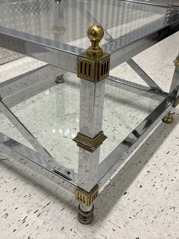 Vtg. Mid Century Maison Jansen Square Chrome Brass Glass X-Base Side End Table gallery