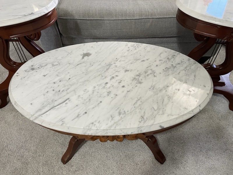 Vintage Victorian Marble Top Tables, Anne Style w/Harp Base Parlor Table Set gallery