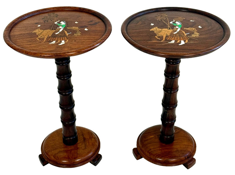 Anglo-Indian Faux Bamboo Rosewood Marquetry Pedestal Stand Table, a Pair