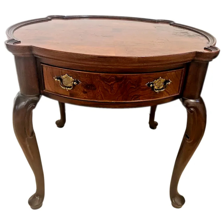 Vintage Hekman Round Table with Drawer French Style Burl Mahogany