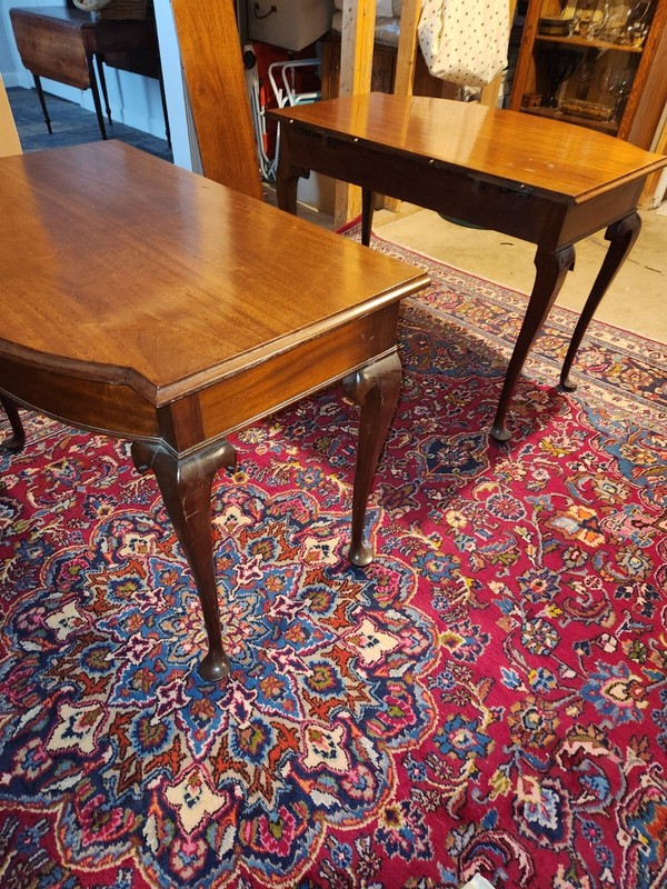 Matched PAIR (2) Solid Mahogany Queen Anne Style End Tables with Leaf for Dining gallery