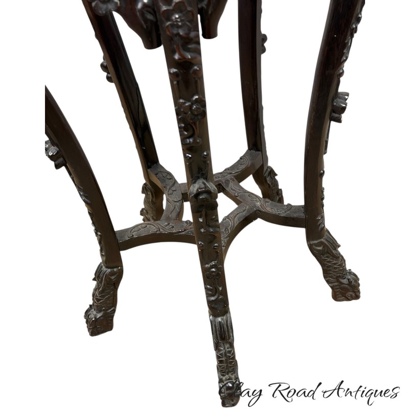 Antique carved rosewood Chinese plant fern stand pedestal marble top table stand gallery