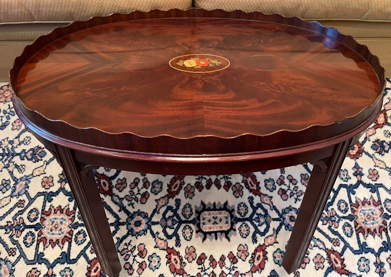 Council Craftsmen Mahogany Inlaid Oval Coffee Table With Scalloped Gallery gallery