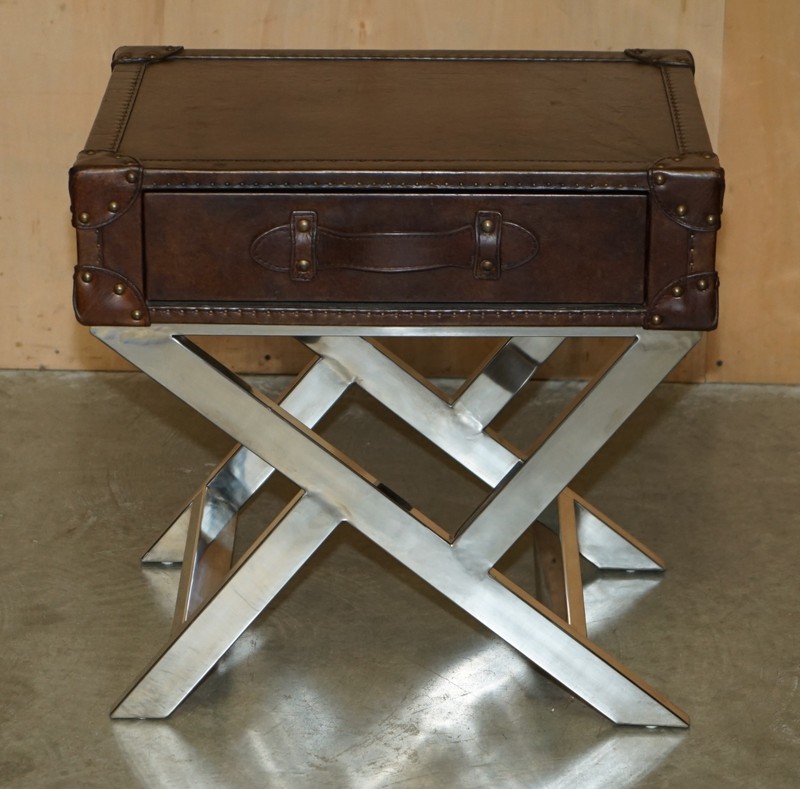 SUPER DECORATIVE HAND DYED BROWN LEATHER LUGGAGE STYLE SIDE TABLE CHROME BASE gallery