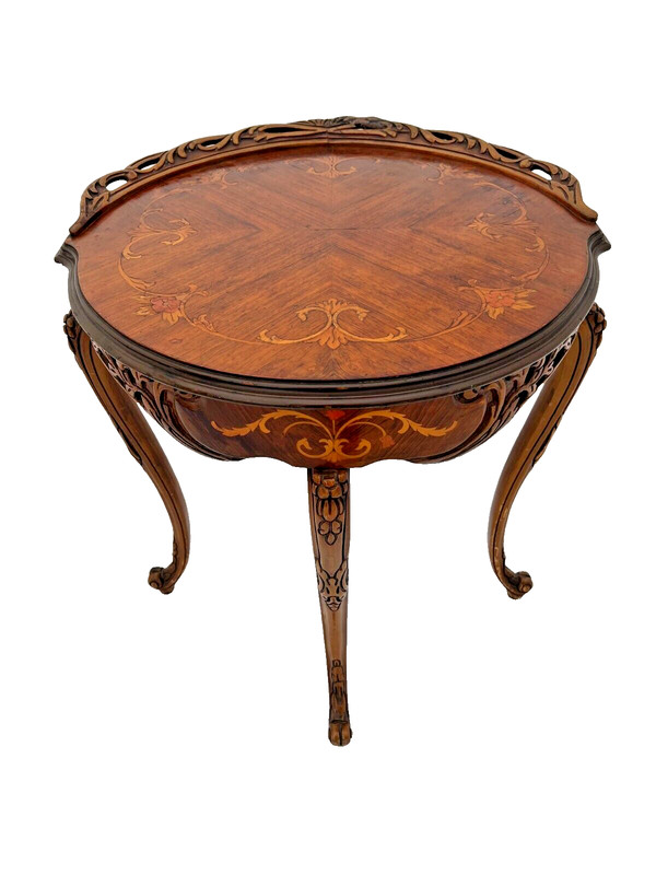 Antique French Table Entry Stand Round Top Floral Hand cut Inlays and fret work
