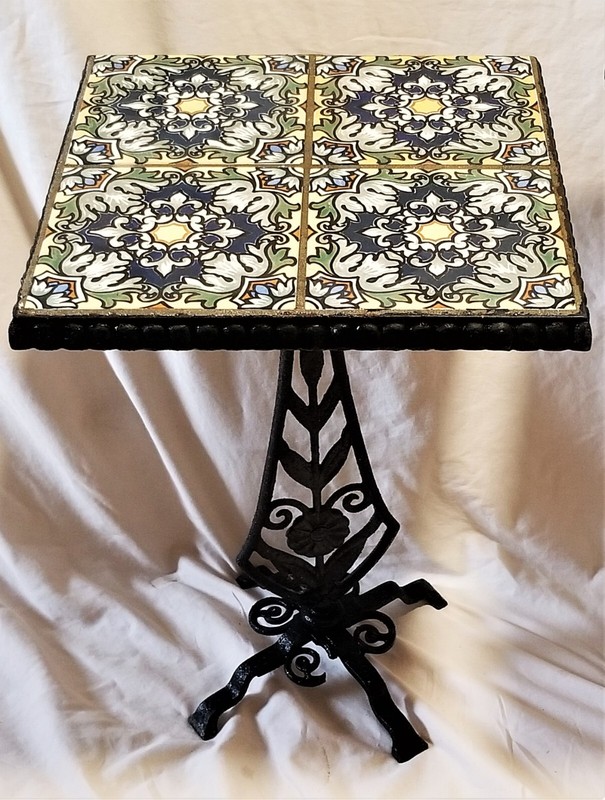 PAIR Antique Arts & Crafts Catalina Tile Top Wrought Iron Tables 19" x 12.5" gallery