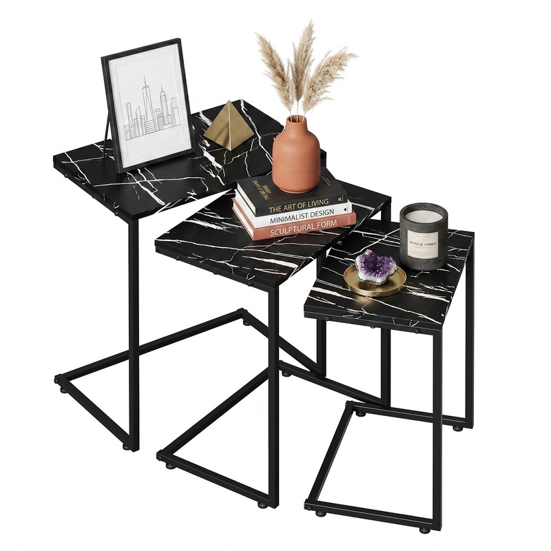 3 Pieces Nesting Side Tables Classic Industrial Style End Coffee Tables Black