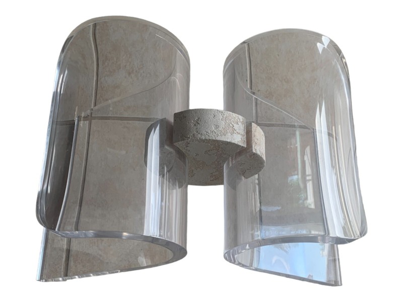 Postmodern scroll lucite with center stone coffee table gallery