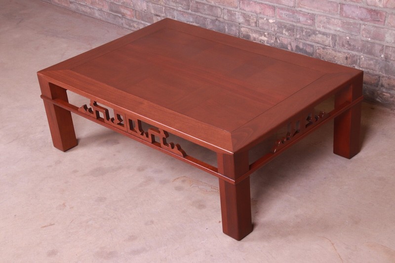 Baker Furniture Hollywood Regency Chinoiserie Carved Mahogany Coffee Table