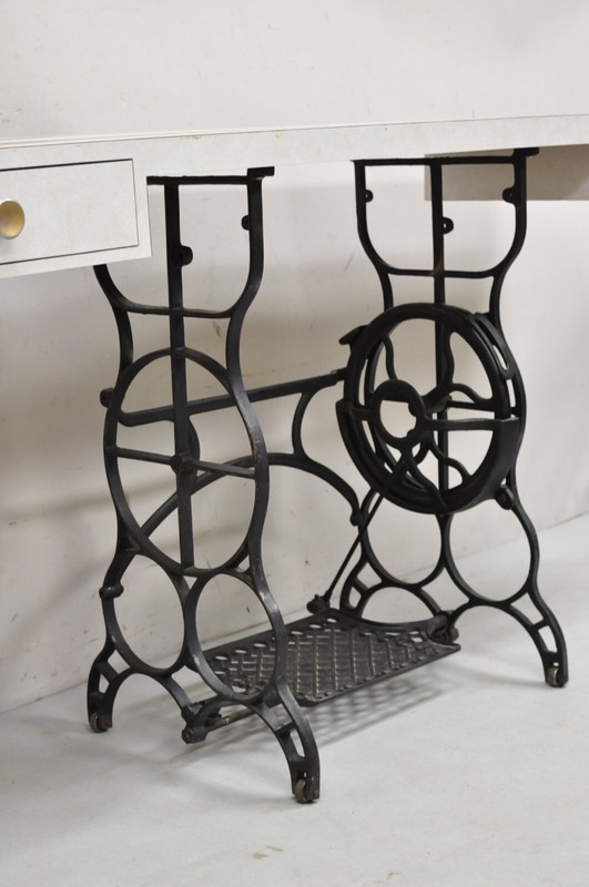 Vintage Mid Century Modern 65" Long Console Table w/ Iron Sewing Machine Base gallery