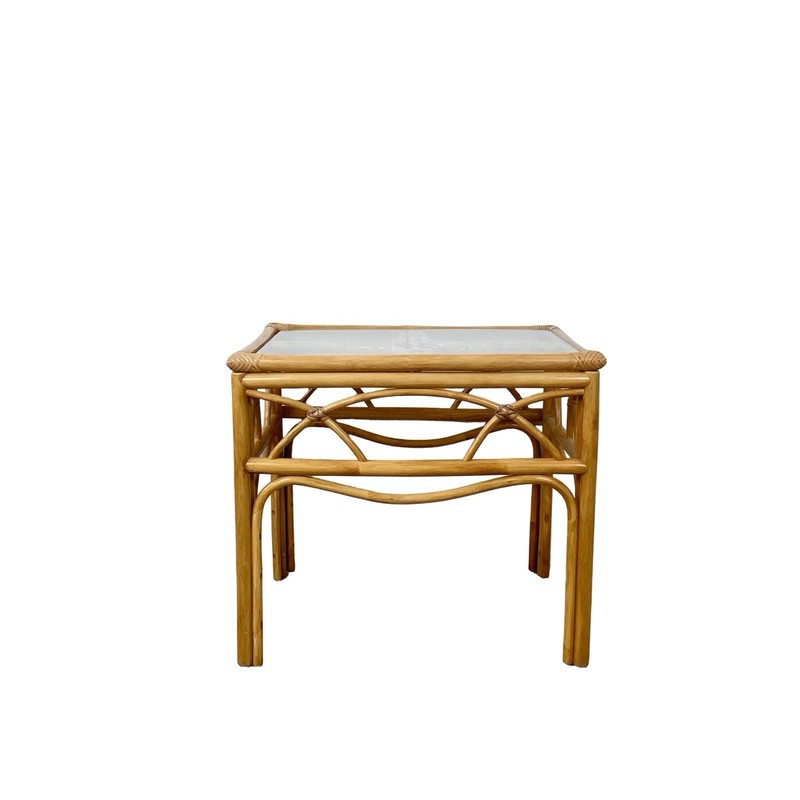 Vintage Rattan Bamboo Side Table Glass Top 1970s 1980s Boho Coastal MCM