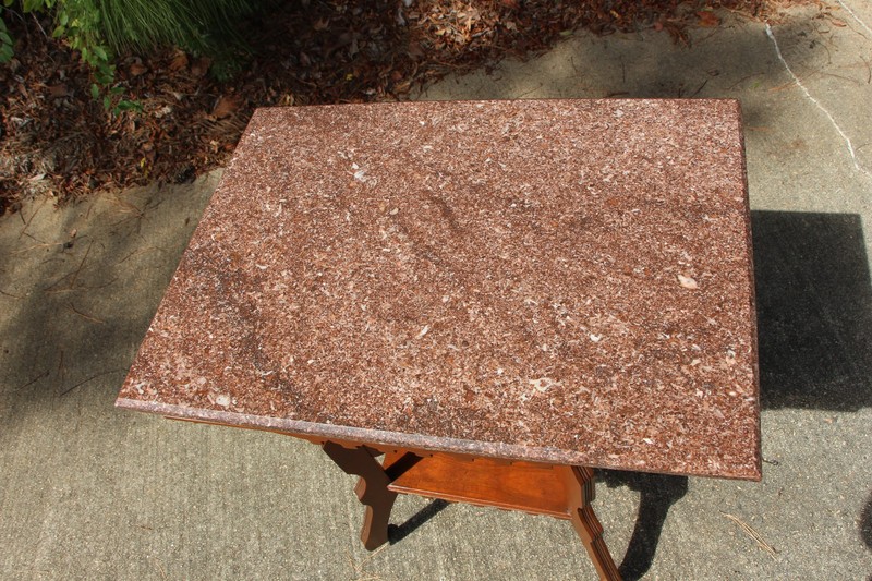 Walnut Victorian Marble Top Eastlake Parlor Table with Display Shelf ~ Ca.1880 gallery
