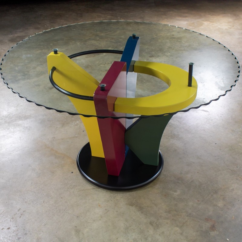 Postmodern Dining Table Geometrical Base Round & Glass Top Style Memphis Group gallery