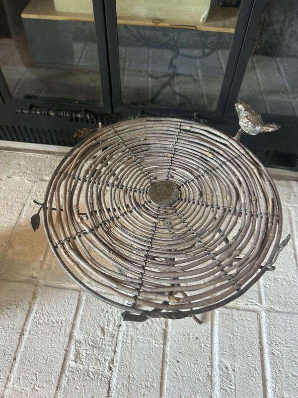Vtg Desktop Table Glass Top Patinated Metal Base Like Tree Branch W Bird. gallery
