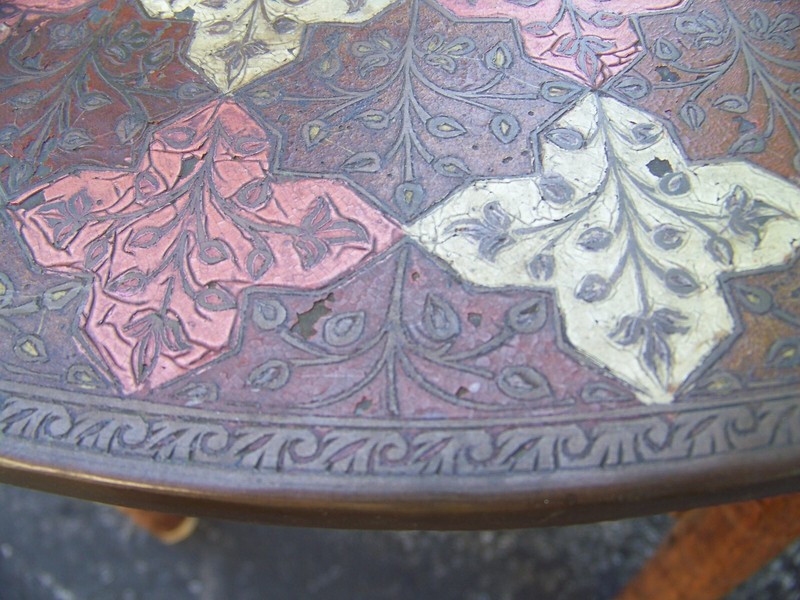 Antique Moorish or Indian Folding Round Copper & Wood Etched Tray Side Table gallery
