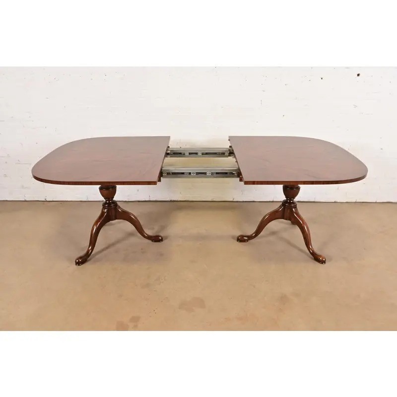 John Stuart Georgian Oak Pedestal Extension Dining Table, Newly Refinished gallery