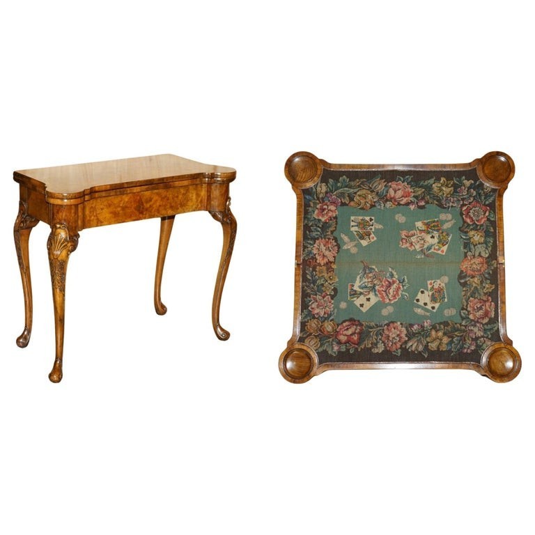 EXQUISITE RESTORED GEORGE II STYLE BURR WALNUT EMBROIDERED GAMES CARD TABLE